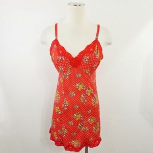 Vintage 60s 70s Red Floral Nightgown Night Slip Dress Lace Mini Size 36